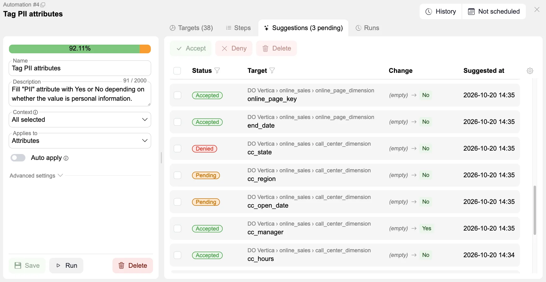 A governance automation in SelectZero that tags PII attributes, with AI suggestions to accept or deny